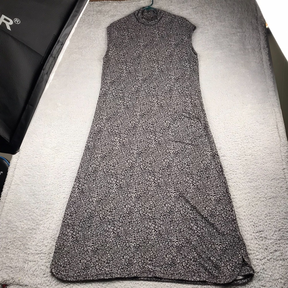 Garnet Hill Swing Maxi Dress Womens L Gray Floral Mock Neck Quiet Luxury Minimal